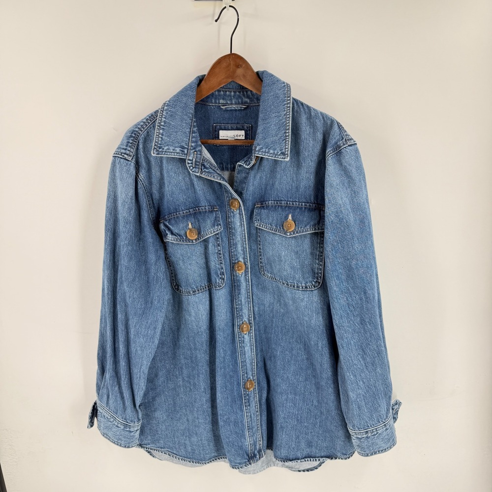 LOFT Denim Shirt Jacket Blue Large Casual Utility Shacket Oversized Minimalist